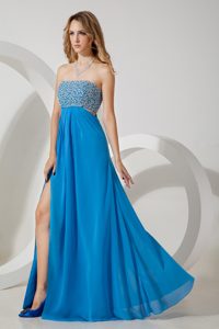 Strapless Long Sky Blue Chiffon Prom Dress with Beading and High Slit