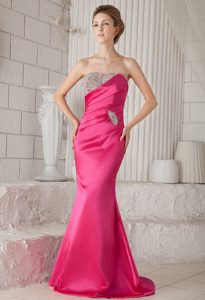 Strapless Ruched Hot Pink Taffeta Prom Evening Dress with Beading