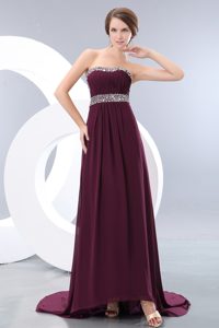 Dark Purple Strapless Ruched Chiffon Prom Dresses with Beading