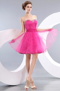 Sweetheart Mini-length Hot Pink Tulle Prom Dress for Petite Girls with Beading