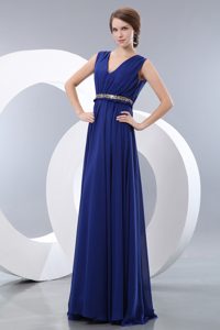 V-neck Long Royal Blue Ruched Chiffon Prom Dress with Beaded Waist