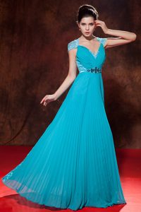 V-neck Long Aqua Blue Ruched Pleated Chiffon Beaded Prom Dresses