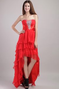 Best Seller Strapless High-low Red Layered Chiffon Prom Dresses with Beading