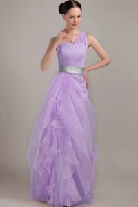 One Shoulder Long Lavender Ruffled Prom Party Dress with Silver Sash