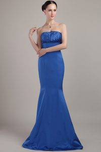 2014 Blue Mermaid Strapless Long Ruched Beaded Prom Celebrity Dress