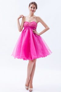 Hot Pink Sweetheart Mini-length Organza Beaded Prom Dresses for Petite Girls