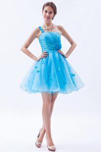 One Shoulder Mini-length Baby Blue Organza Prom Dress for Girls with Flowers