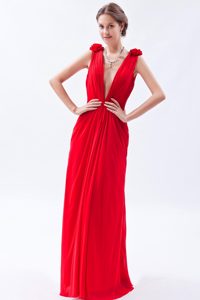 Plunging Neckline Straps Long Hot Red Ruched Prom Dress with Flowers