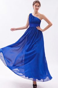 Royal Blue One Shoulder Long Ruched Chiffon Prom Dress with Beading
