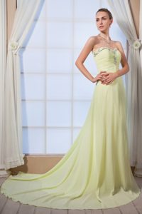 Light Yellow Sweetheart Court Train Ruched Beaded Prom Dress on Promotion