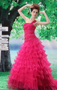 New One Shoulder Hot Pink Ruched Beaded Prom Dress with Ruffles