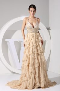 Dressy Beaded and Ruffled Champagne Prom Dress for Girls with Brush Train