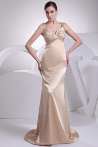 Ruched Zipper-up Taffeta Gorgeous Long Prom Party Dresses in Champagne