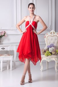 Memorable Halter Top Knee-length Red Prom Formal Dresses with Appliques