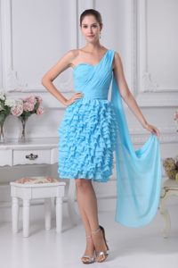Popular Ruffled Zipper-up Baby Blue Prom Pageant Dress with Watteau Train