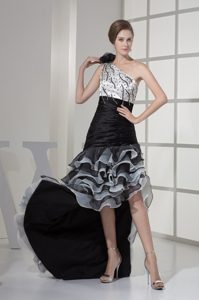 High Low White and Black Beaded Discount Prom Holiday Dress with Ruffles