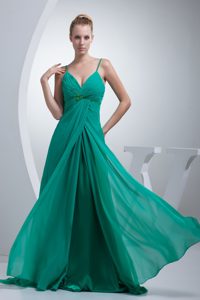 Spaghetti Ruched and Beaded Luxurious Prom Evening Dresses in Turquoise