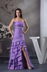 Mermaid Ruched and Beaded High Slit Purple Special Prom Dress for Ladies