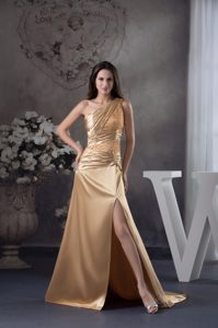 Elegant High Slit One Shoulder Beaded Prom Dress for Women with Ruches