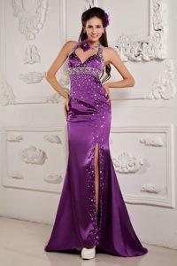 Popular Mermaid Halter Top High Slit Prom Party Dresses in Eggplant Purple