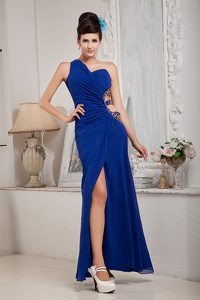 Fabulous High Slit Ankle-length Ruched Prom Pageant Dress in Royal Blue