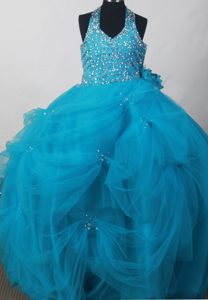 Gorgeous Teal Long Halter Girl Pageant Dress with Beading under 200