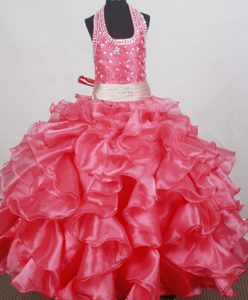 Wonderful Beaded and Ruffled Halter Long Pageant Dresses for Toddlers