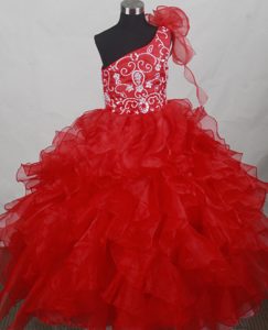Red One Shoulder Lace-up Organza Dressy Little Girl Dress with Embroidery