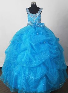 2013 Luxurious Beaded Zipper-up Blue Pageant Dress for Kids with Pick-ups