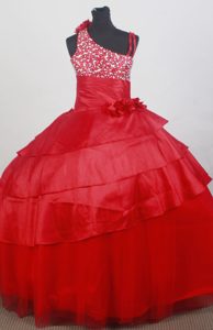 Impressive Asymmetrical Red Flowers Tulle Pageant Dresses for Little Girls