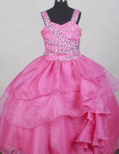 Beaded Zipper-up Hot Pink Attractive Little Girls Formal Dresses with Straps