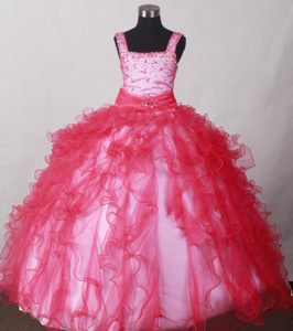 Romantic Zipper-up Coral Red Little Girls Beauty Pageant Dress with Straps