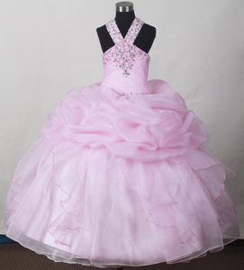 V-neck Baby Pink Organza Best Seller Toddler Pageant Dresses with Beading