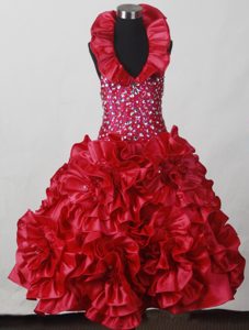 Popular Red Zipper-up Little Girls Formal Dresses with Hand Made Flowers