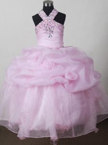 Baby Pink Beaded Zipper-up Long Exquisite Girl Pageant Dress with Pick-ups