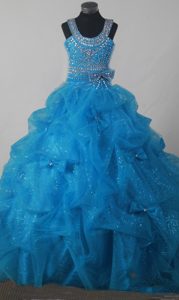 Charming Baby Blue Scoop Long Pageant Dress for Little Girls with Pick-ups