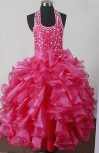 Bowknot Ruffled Hot Pink Fashionable Girl Pageant Dresses in Floor-length