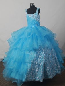 Sweet Beaded Lace-up Teal Organza Toddler Pageant Dress with Scoop Neck