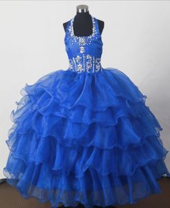 2013 Luxurious Halter Top Long Little Girls Pageant Dresses in Blue