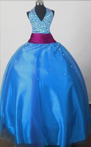 Halter Lace-up Blue Organza Long Toddler Pageant Dresses with Beading