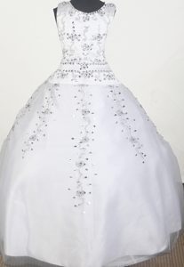 Romantic Beaded Long White Tulle Little Girl Dress with Scoop Neck