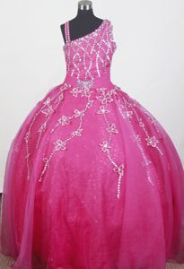 2013 Fashionable Beaded Zipper-up Organza Hot Pink Pageant Dress for Kids