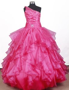Beautiful One Shoulder Long Little Girls Formal Dresses with Ruffles