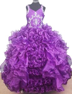 Popular V-neck Long Purple Baby Girl Pageant Dresses with Ruffles