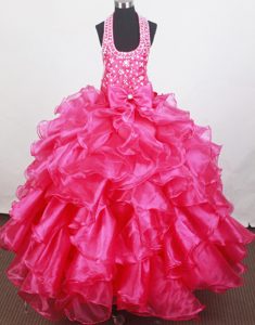 Ruffled Lace-up Hot Pink Modern Little Girls Pageant Dress with Bowknot
