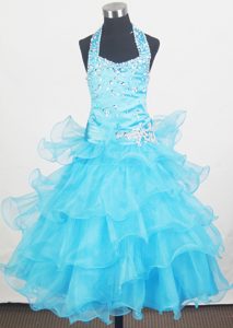 Charming Halter Ruffled Little Girls Beauty Pageant Dresses with Beading