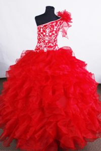 One Shoulder Ruffled Red Classical Pageant Dress for Kids with Embroidery