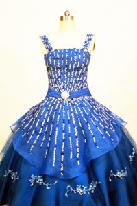 Blue Organza Fabulous Long Little Girls Beauty Pageant Dress with Beading