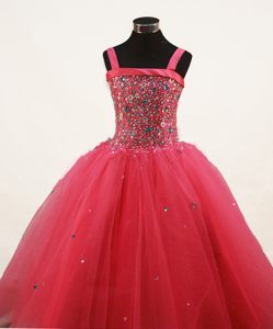 Discount Beaded Lace-up Tulle Long Toddler Pageant Dresses in Coral Red
