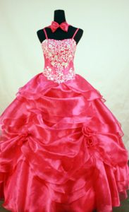 Red Beaded Lace-up Organza Attractive Pageant Dress for Kids with Flowers